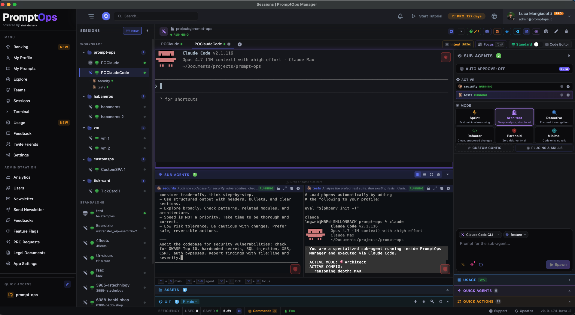 PromptOps Manager — sub-agent paralleli, terminale e tool integrati